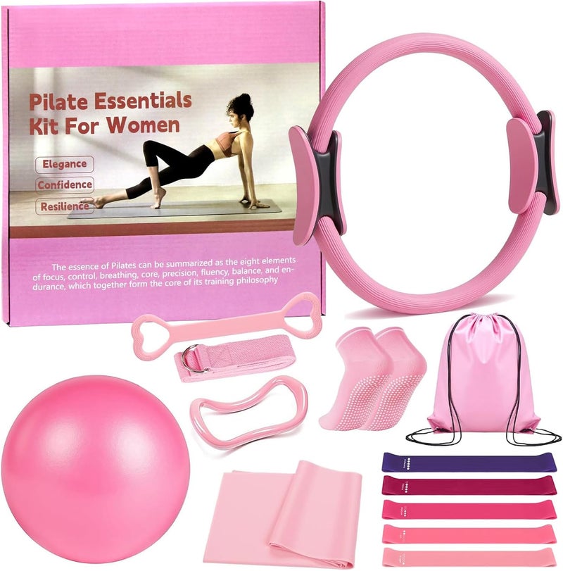 Karltion Pilates Ring 13 Piece Set,Pilates Kit for Women Exercise Equipment Accessories Deformation Magic Circle with Padded Handles, Workouts Ball, Guide & Bag, Resistance Bands for Legs Arms and Thighs - Image 1